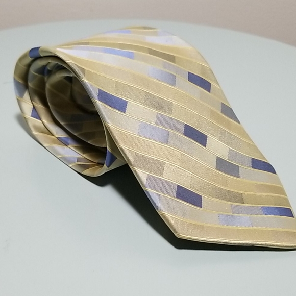 AXIST SILK Gold & Blue diagonal box strip Necktie - Picture 3 of 7